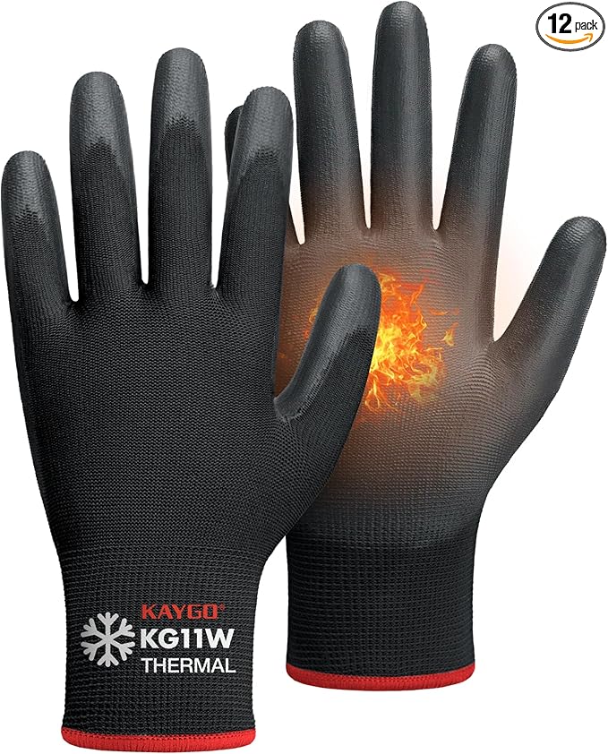KAYGO Winter Work Gloves for Men and Women, 12 Pairs Thermal Insulated Safety Work Gloves PU Coated, Smooth Grip on Palm & Fingers,Ideal for Freezer Work,Black,L