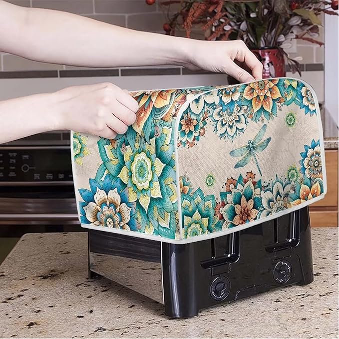 UNICEU Boho Floral Dragonfly 4 Slice Toasters Cover, Reusable Kitchen Accessories Dust-proof Toasters Cover