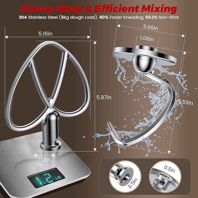 Premium 316 Stainless Steel Attachments 2 Piece Kit, Flat Beater & Dough Hook for 4.5 and 5 Qt Kitchenaid Tilt-Head Stand Mixers, Paddle&Dough Hook Mixers Accessories, Dishwasher Safe, Spatula&Recipe