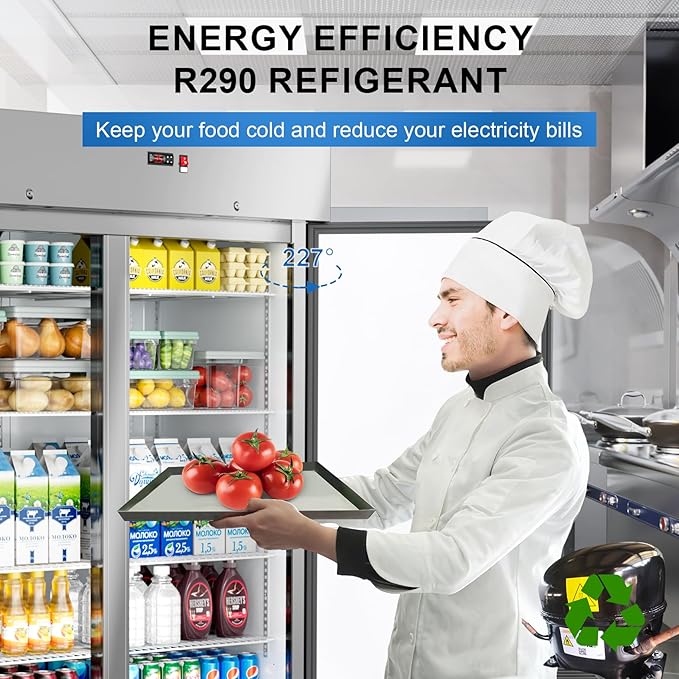 Commercial Refrigerator 54"W 2 Door Stainless Steel Reach-in Solid Door Upright Fridge Fan Cooling 49 Cu.ft Refrigerators 32-47°F for Restaurant, Bar, Shop