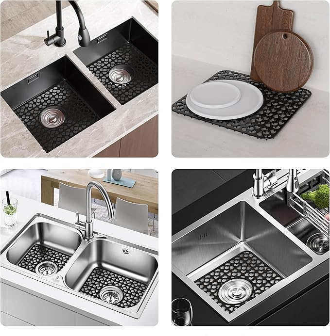 WAFT YEARN 2PCS Sink Mats Sink Protectors Dish Racks Dishwasher Safe Grid Mats for Kitchen Sink Silicone Protect Sink from Stains Damage Scratches Non Slip Heat Resistant Rust Resistant 11"X12" Black