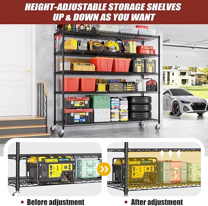 PrimeZone 5 Tier 80.7" Hx55.5 Wx24 D Wire Shelving with Wheels 3000lbs NSF Certified Storage Shelves Heavy Duty Metal Shelf Adjustable Rolling Rack Commercial Garage Restaurant Warehouse Kitchen 4Pcs