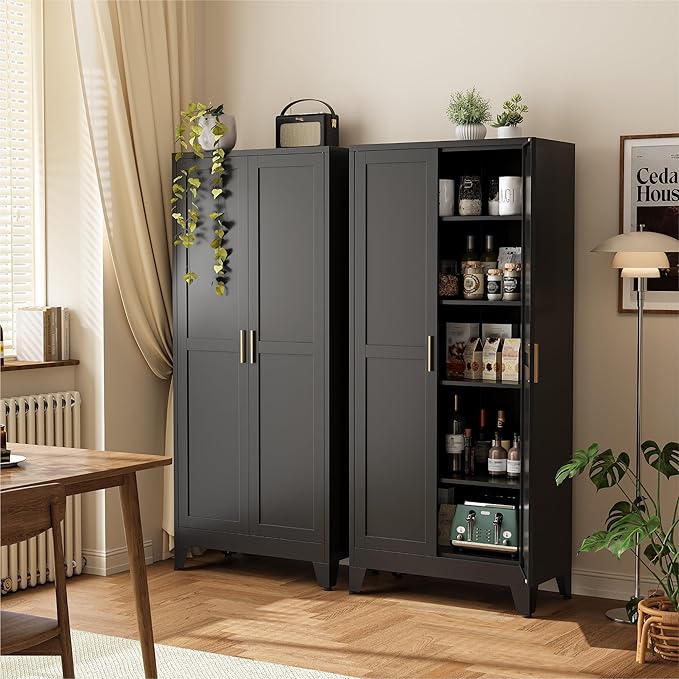 COFaR 71" Modern Pantry Cabinet in Black, 5-Tier Storage Cabinet with Adjustable Shelves, Industrial Steel Cupboard for Kitchen, Office & Living Room Organization