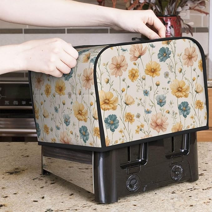 4 Slice Toaster Cover for Kitchen Vintage Flower Print Botanical Waterproof and Dustproof Toaster Dust Cover with Side Pockets Decorative Universal Cover for Wide Slot Toasters and Small Appliances