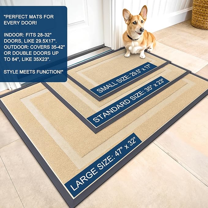OLANLY Front Door Mat Indoor Outdoor Entrance, Waterproof All-Season, All-Weather Doormat, Sturdy Natural Rubber, Fade Resistant, Low Profile, Easy Clean Patio Porch Entryway Mat, 33x21, Beige