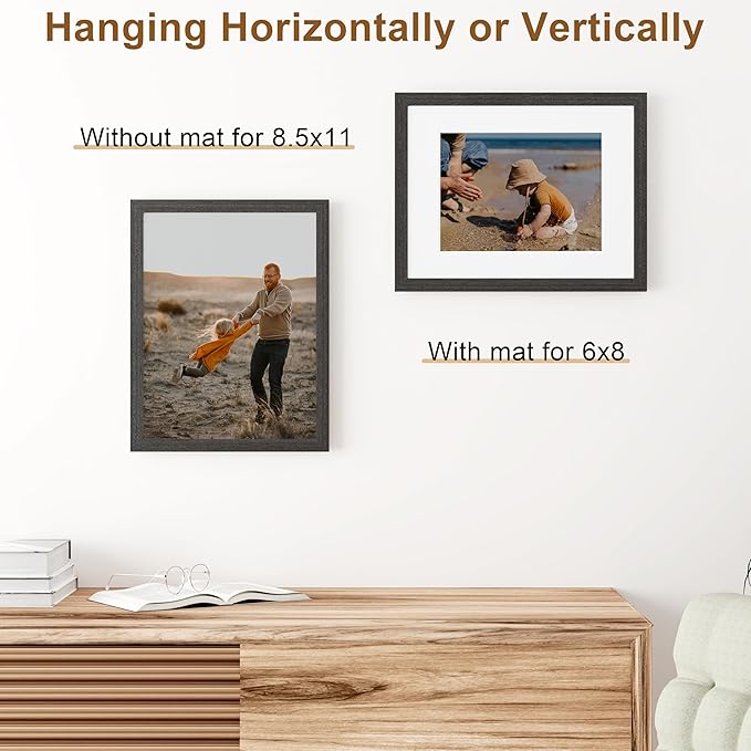Vittanly 8.5x11 Picture Frame, Solid Wood Frame with Plexiglass, Includes 6x8 Mat, Wall Hanging or Tabletop for Photos, Home Decor, Black, 1 Pack