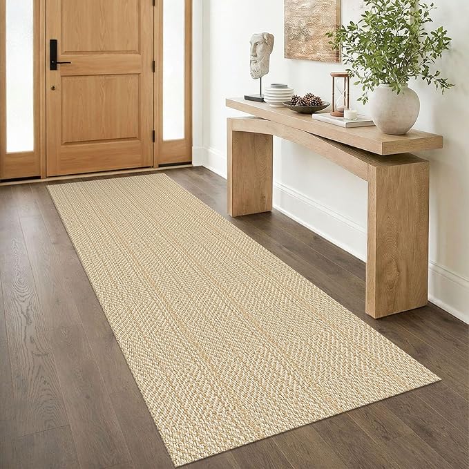 IOHOUZE Washable Runner Rug 3x8 Non Slip Rubber Backed Wide Hallway Runner Entryway Runner Indoor, Kitchen Rugs Woven Floor Carpet for Hall Entrance Bedroom, Warm Beige/Orange/Apricot