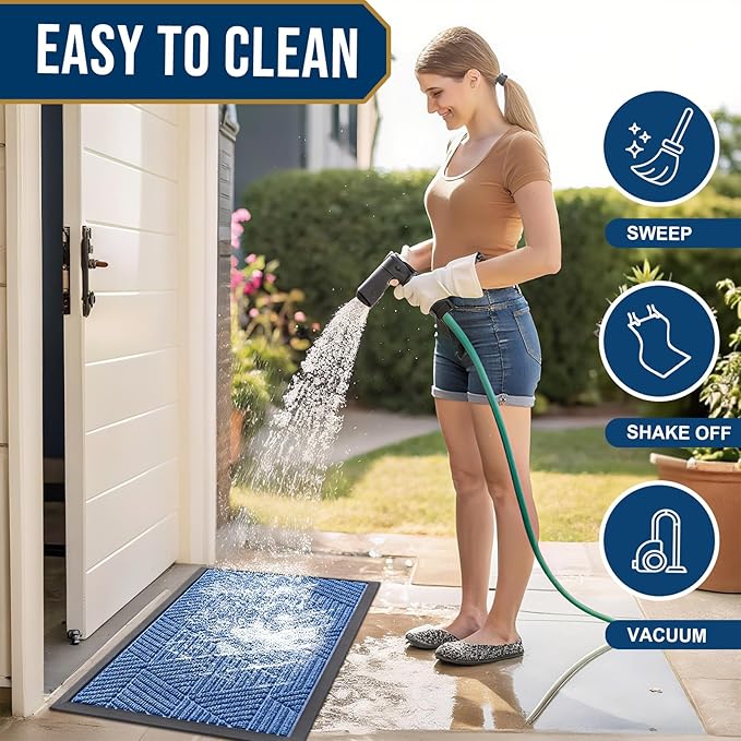 Smiry Front Door Mat Outside Entrance, Heavy Duty Sturdy Natural Rubber Doormat, Trap Dirt and Moisture, Easy Clean Low Profile Welcome Floor Mats for Indoor Outdoor Entry, 71x23 Inch, Blue
