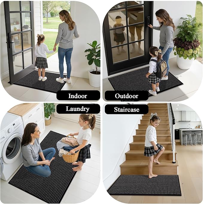 hicorfe Dirt Trapper Indoor Doormat,24"x35" Welcome Door mat,Non Slip Backing Washable Door Mats,Absorbent and Resistant Low-Profile Entrance Inside Floor Mat for Front Back Door and Entryway (Black)