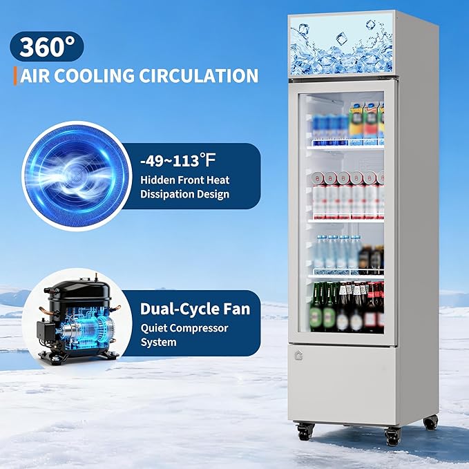 6.1 Cu.Ft. Commercial Glass Door Beverage Cooler, Frost-Free Display Fridge, 360° Cooling, Adjustable Shelves, Energy-Saving Upright Drink Refrigerator with Wheels