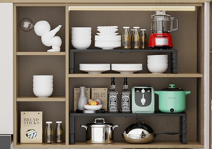 Expandable Adjustable Stackable Kitchen Organizer, Spice Rack,Metal Pantry Storage Shelves Racks,Counter Shelf for Cabinets, Countertop, Cupboard(2 Packs/Medium/Black)