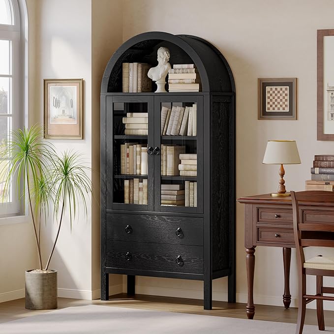 71'' Tall Arched Cabinet, Arched Kitchen Pantry Cabinet with Doors, Wood Arch Storage Cabinets Display Bookcase with 2 Large Drawers and Adjustable Shelves, Versatile Cupboard for Living Room