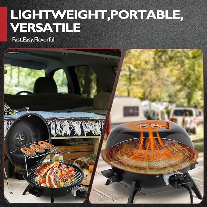 ROVSUN 1600W Tabletop Electric Grill with Temperature Control, Black 304 Stainless Steel Grill w/Double Layer Design, Portable & Removable, Small Stove for Indoor and Outdoor Use