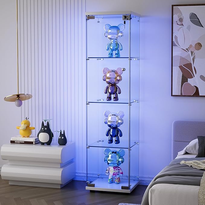 Yoluckea 4 Shelves Glass Display Cabinet with LED Light and Door, Floor Standing Clear Glass Curio Cabinet Collection for Living Room Bedroom 64.7”x16.7”x 14.3” White(Upgrade Assembly)