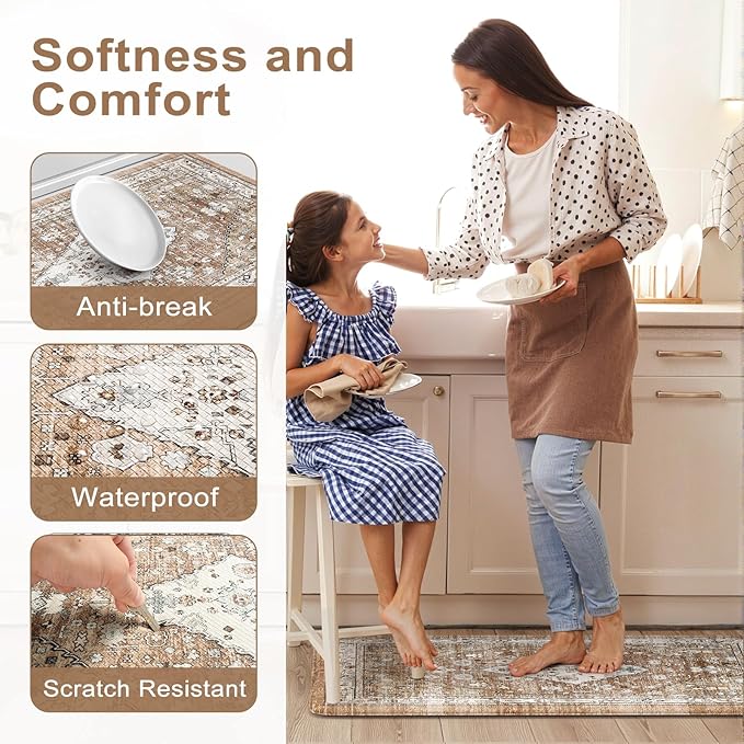 Collive Farmhouse Anti Fatigue Kitchen Mat, Cushioned Kitchen Rug Sets of 2 Waterproof Non Slip Kitchen Floor Mats Ergonomic Comfort Standing Mat for Laundry, Office, Sink, Desk, Cream/Brown