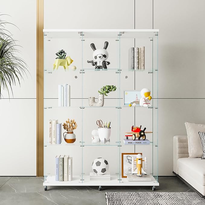 Frameless Glass Display Cabinet, Curio Cabinet Display Case with Locks and Hinged Doors, Quick-Install Floor Standing Large Showcase Display Shelf for Collectibles, Legos, Figures, Plants