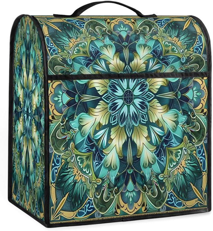Kitchen Aid Mixer Cover Turquoise Mandala Flower Stand Mixer Cover Compatible with 6-8 Quarts Stand Mixers, Dust Covers with Zipper Pocket Foldable Washable Kitchen Aid Organizer Bag