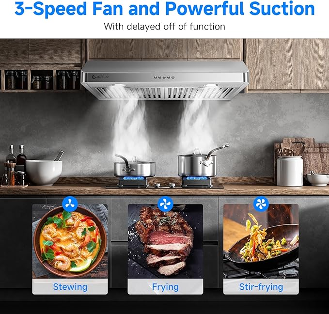 AMZCHEF Under Cabinet Range Hood 30 Inch, 750CFM Stainless Steel Kitchen Stove Vent Hood 3 Speed Exhaust Fan Button Control LED lights Dishwasher-Safe Baffle Filters Three Outlet Design