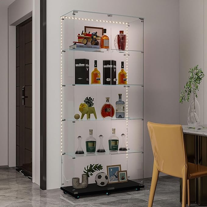 Yoluckea 5 Tiers Glass Display Cabinet with Bluetooth LED Light Strip, 2 Doors Floor Standing Curio Cabinet with Universal Wheel for Home Office Display,Black Glass Bookshelf for Collections,Clear Top