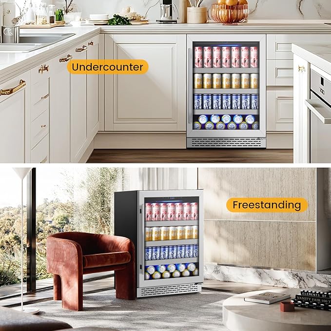 24 Inch Beverage Refrigerator,190 Cans Freestanding/Under Counter Beverage Fridge with Glass Door,Air Cooling Wine Beverage Cooler with Reversible Door,Memory Function for Wine,Beer and Soda