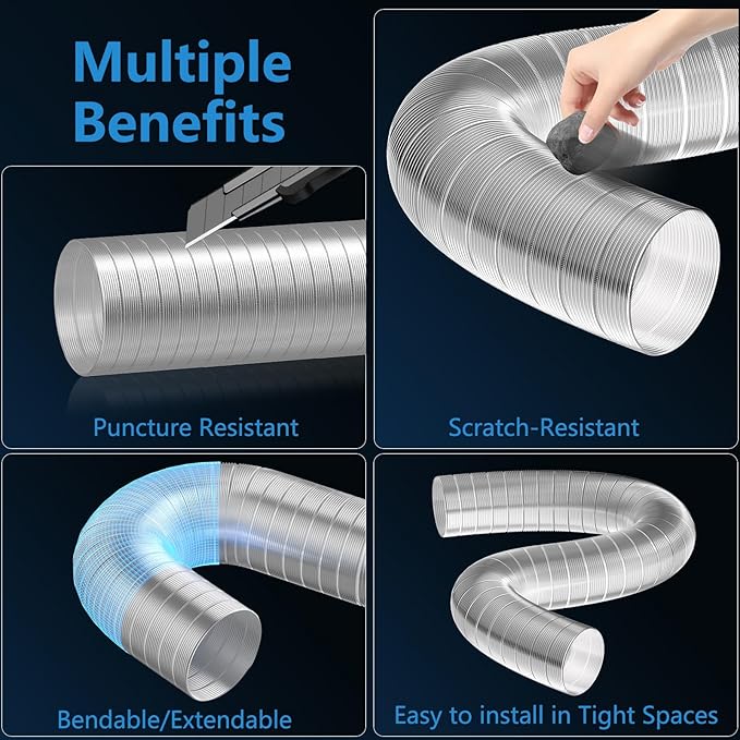 Hon&Guan 4-inch Semi Rigid Dryer Vent Hose, 5 Feet Flexible Aluminum Duct with 2 Clamps, and Aluminum Foil Tape