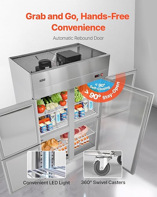 VEVOR Commercial Reach-In Refrigerator 48" W, 32 Cu.Ft Stainless Steel Upright Refrigerator with 4 Doors, Auto-Defrost, 6 Adjustable Shelves, 32 to 50℉ Temp Control, UL Certified