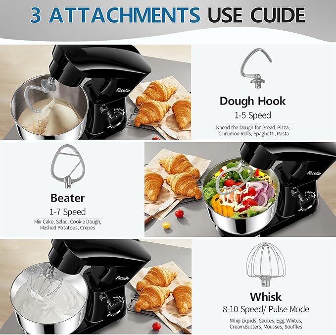 Facelle Stand Mixer, 10-Speed 6QT Kitchen Electric Mixer, Tilt-Head Food mixer with Beater, Dough Hook, Wire Whip and Egg Separator, scraper for Most Home Cooks (Black)