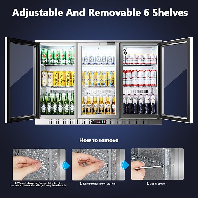 BODEGA BODEGACOOLER Back Bar Cooler With 3 Glass Doors,11.4 Cu.Ft Stainless Steel Commercial Back Bar Fridge with LED Lighting, Counter Height Bar Beverage Cooler for Beer,Soda Drinks,Wine