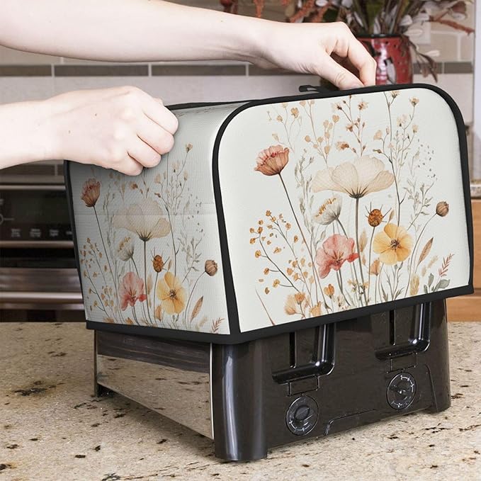 4 Slice Toaster Cover for Kitchen Watercolor Flower Botanical Waterproof and Dustproof Toaster Dust Cover with Side Pockets Decorative Universal Cover for Wide Slot Toasters and Small Appliances