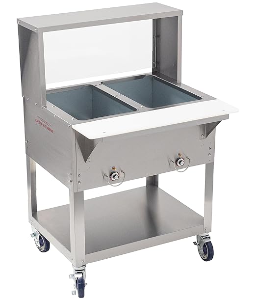 Kratos Commercial Mobile Electric Steam Table/Hot Food Table with Overshelf and Sneeze Guard, 2 Wells, Stainless Steel, NSF, 120V (28W-201)
