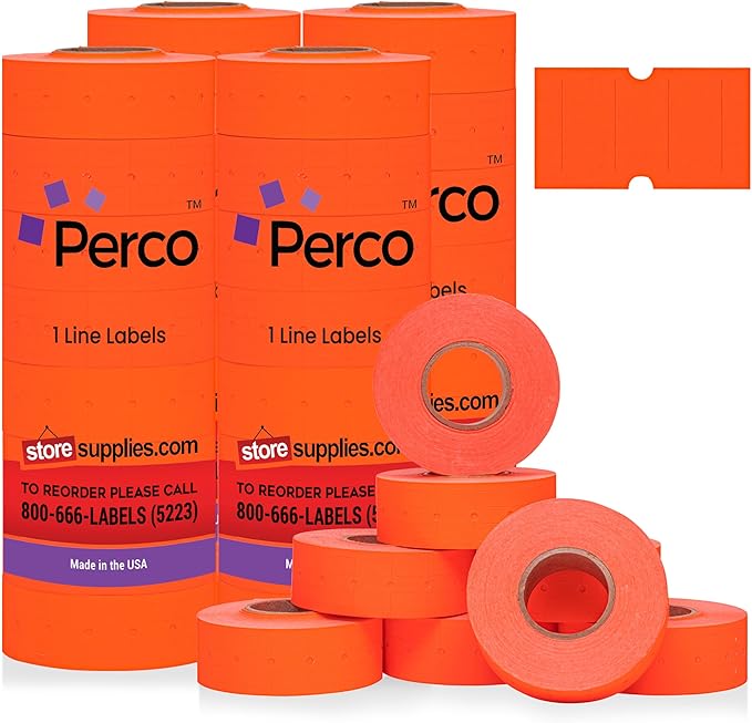Perco 1 Line Fluorescent Red Labels - 32 Rolls, 4 Sleeves, 32,000 Blank Price and Date Gun Labels for Perco 1 Line Price and Date Guns - Made in USA