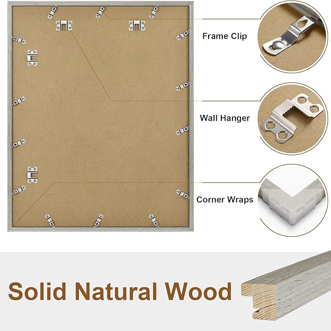 Vittanly 16x20 Picture Frame, Solid Wood Frame with Plexiglass, Includes 11x14 Mat, Wall Hanging for Photos, Home Decor, Grey, 1 Pack