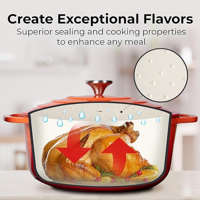 Zulay Kitchen 7.7 Quart Enameled Cast Iron Dutch Oven Pot with Lid – Premium Durability & Oven Safe up to 500°F – Heavy Duty Cookware Perfect for Bread Baking, Stews, Braising & Roasting – Orange