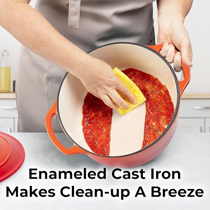 Zulay Kitchen 7.7 Quart Enameled Cast Iron Dutch Oven Pot with Lid – Premium Durability & Oven Safe up to 500°F – Heavy Duty Cookware Perfect for Bread Baking, Stews, Braising & Roasting – Orange