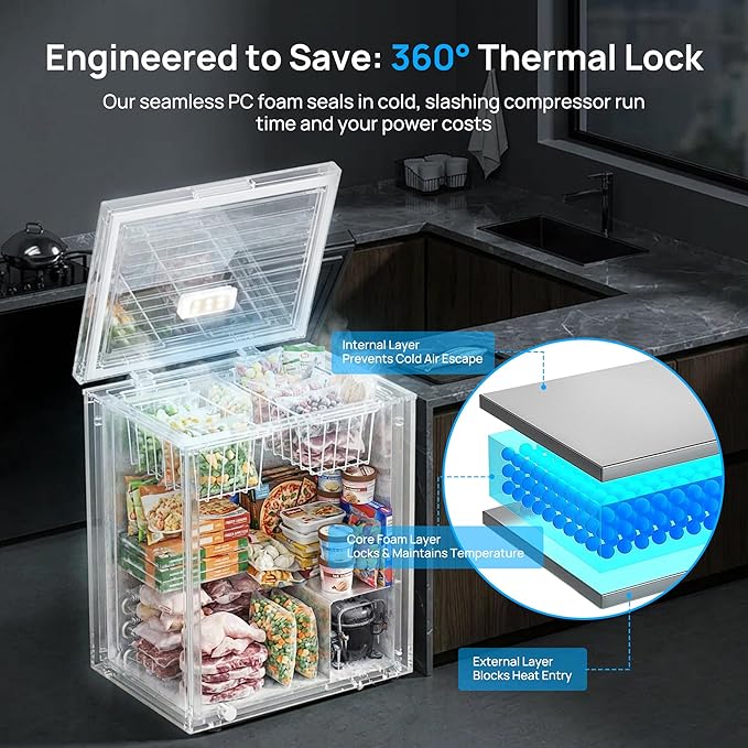 10 Cu.Ft Chest Freezer, Small Compact Deep Freezer with Adjustable 7 Thermostat, 2 Removable Baskets, Energy Saving, Quiet Top Open Door Mini Meat Freezer with LED Light for Garage Outdoor Home Office