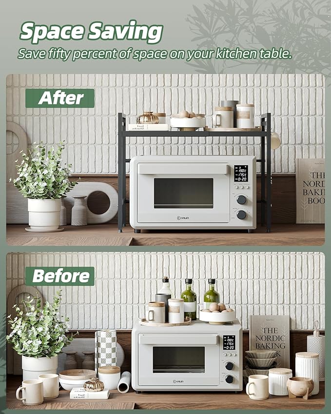 NETEL 2 Pcs Expandable Microwave Stand,2 Tier Metal Kitchen Countertop Organizer Shelves with 8 Hooks,Bakers Rack,Microwave Shelf,Microwave Oven Rack,55lbs Weight Capacity