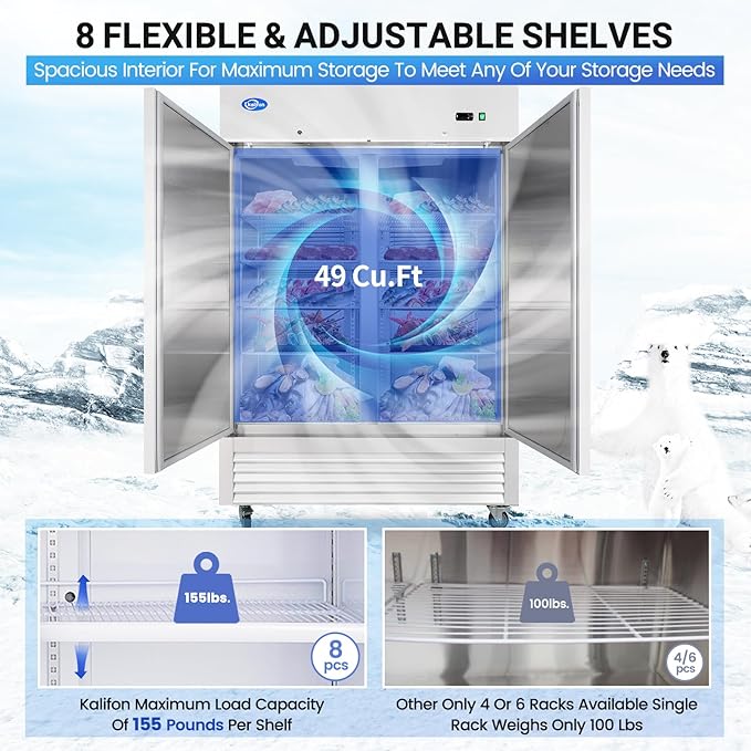 54"W 2 Door Commercial Freezer, 49 Cu.ft Stainless Steel Reach-in Upright Fan Cooling Freezer for Restaurant Bar Shop, etc