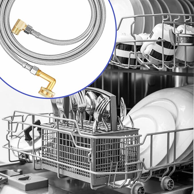 Dishwasher Installation Kit, Braided Stainless Steel Dishwasher Connector, 10 FT Water Supply Line with 3/8 Inch Compression Ends, 3/8 Inch MIP Elbow and 3/4 Inch FHT Elbow, Short Distance Connection
