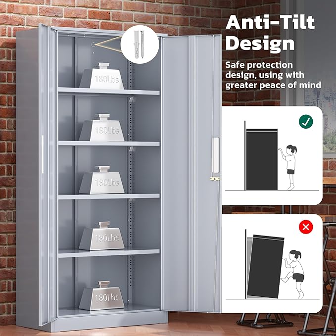 Greenvelly Metal Garage Storage Cabinet with 2 Doors and 4 Adjustable Shelves, 72”H Steel Lockable Storage Cabinet,Tall Metal Cabinet Locking File Cabinet for Office,Home, Garage, Gym, School
