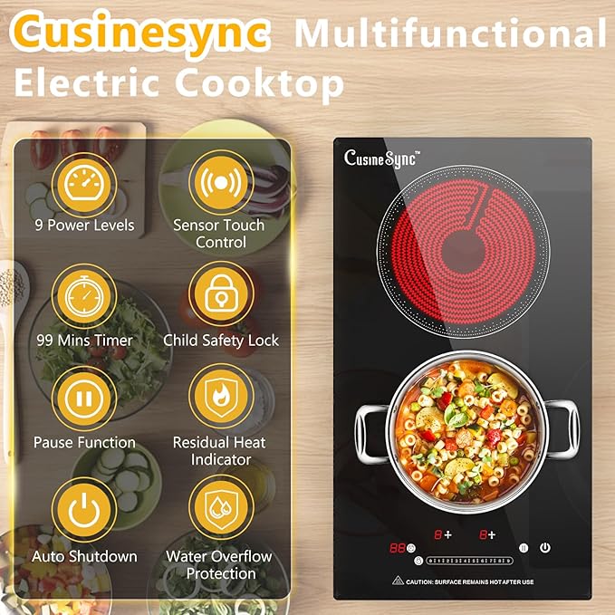 2 Burner Electric Ceramic Cooktop, 110-120V Plug In Countertop Stove, Touch Control with 99-Min Timer, Child Lock & Auto Shutoff, 12 Inch Radiant Cooktop for Indoor Cooking