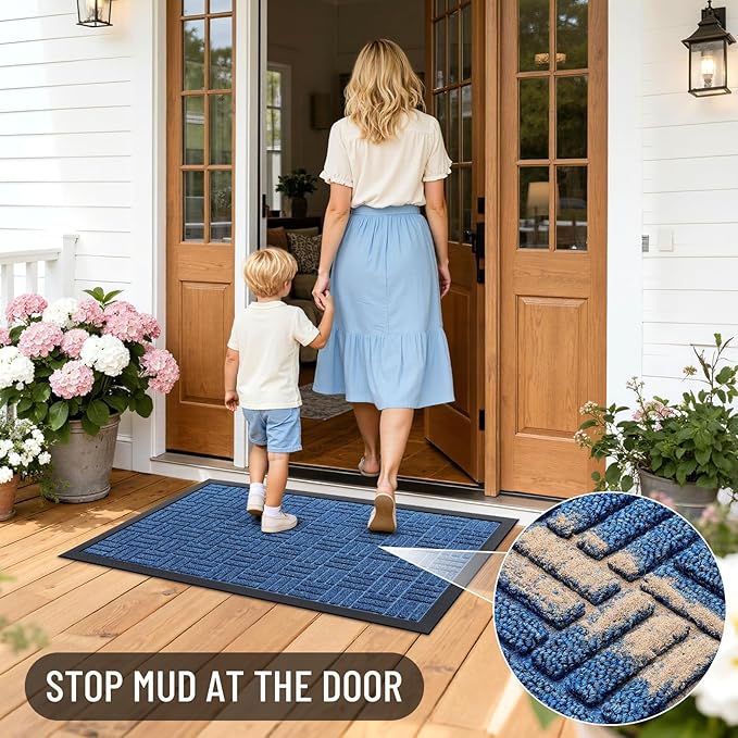 OLANLY Front Door Mat Outside Entrance 59x34, Absorbent, Heavy Duty Sturdy Natural Rubber Doormat Indoor Outdoor, Non-Slip, Stain and Fade Resistant, Low Profile Floor Mat for Entryway, Ocean Blue