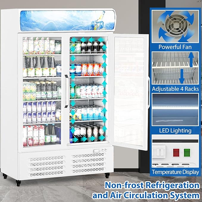 GarveeLife 25.3 Cu Ft Beverage Cooler with Glass Doors, Commercial Merchandiser Refrigerator - LED Lightbox & Universal Casters for Convenience Stores, Bars