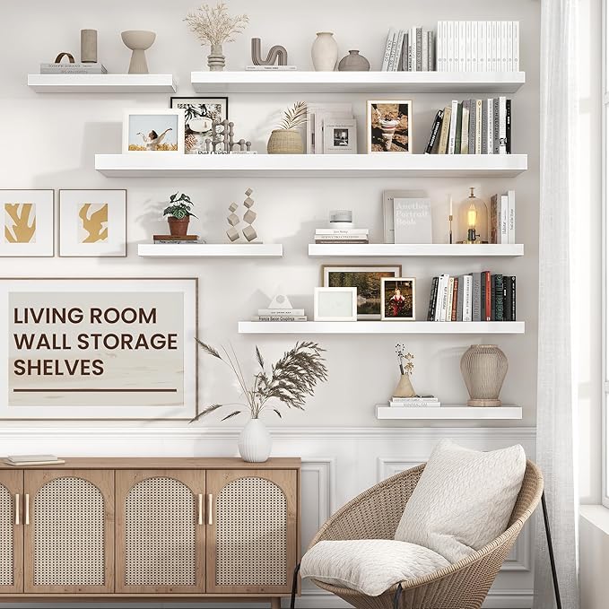 Floating Shelves for Wall 72"W x 11.6"D x 2"H, Long Engineered Wood Wall Shelves with Invisible Brackets for Living Room Bedroom Bathroom Office Kitchen Decor and Storage, White Finish, Set of 1
