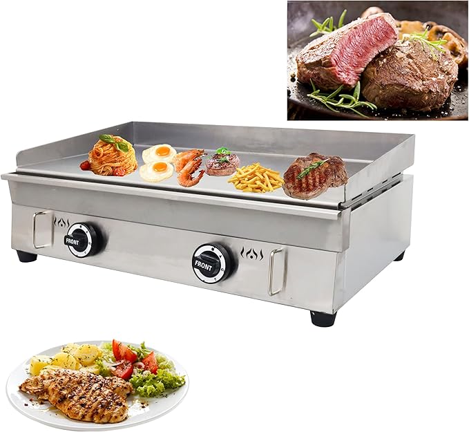 TECHTONGDA LPG Gas Countertop Flat Top Griddle Commercial Stainless Steel Griddle Grill Hot Plate BBQ Teppanyaki Grill with Adjustable Temperature Control for Restaurant Kitchen 2800Pa 28.94x16.14 in