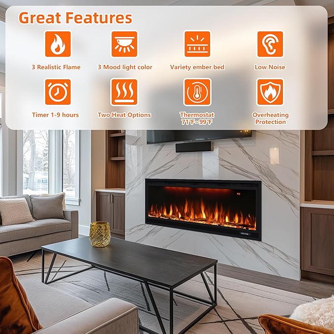 100 inch Smart Electric Fireplace, Wall Mounted Fireplace Insert for Living Room, Realistic Flame Fire w/Multicolor, Large Linear Fireplace Recessed in Wall, Black (100")