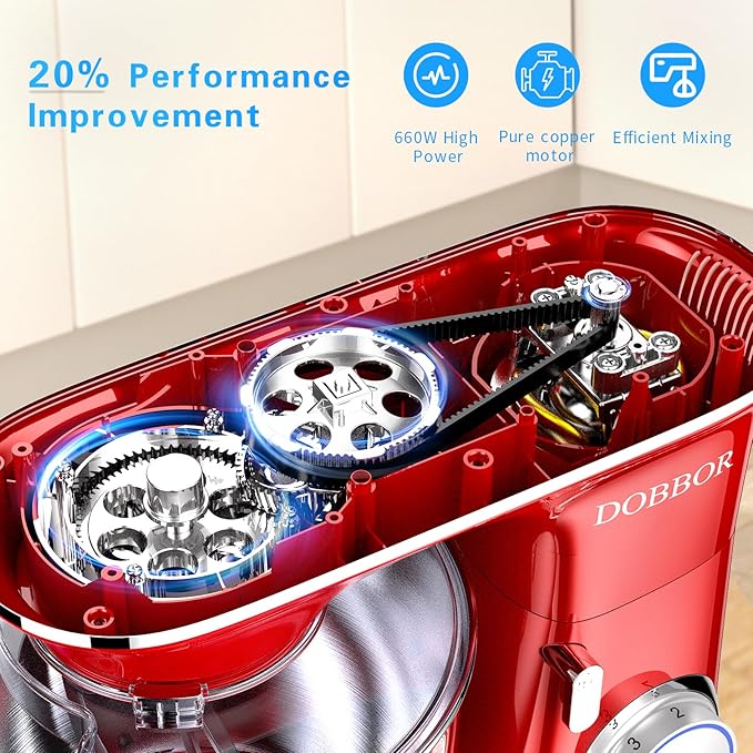 Electric Stand mixer, 9.5QT 660W 6 Speeds Tilt-Head Dough Mixers, Bread Mixer with Dough Hook, Whisk, Beater, Splash Guard for Baking Bread, Cake, Cookie, Pizza, Muffin, Salad and More (Red)