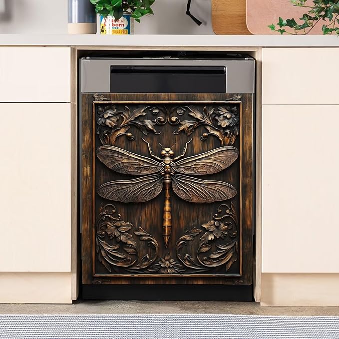Farmhouse Dragonfly Dishwasher Magnet Cover,Vintage Dragonfly Wood Floral Magnetic Dishwasher Cover Vinyl Sticker,Fridge Door Cover Magnets Art Skin Panel Decal,Home Decor Decal,23"X26"