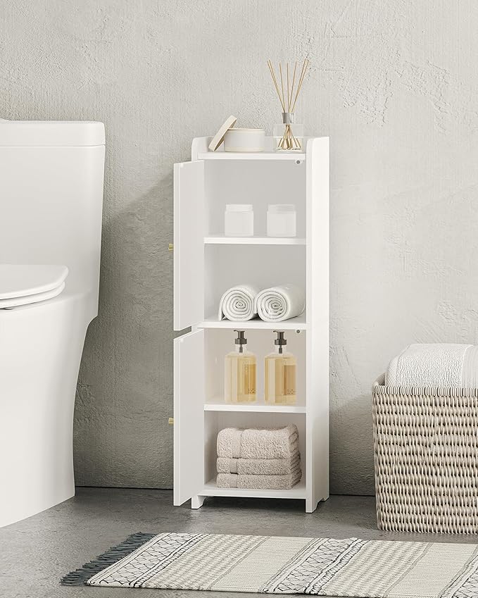 Bathroom Storage Cabinet, Small Corner Floor Cabinet with 2 Doors and Adjustable Shelf, Narrow Toilet Paper Cabinets, Bathroom Organizer for Small Spaces, 7.9" D x 9.8" W x 29.5" H White