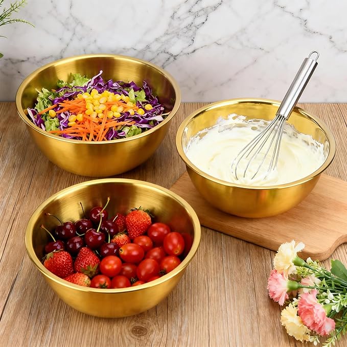 3-Piece Stainless Steel Golden Mixing Bowls (7.1") Metal Bowl with Measurement Marks, Dishwasher Safe & Stackable - Perfect for Baking, Salad Making, Meal Prep and Kitchen Use