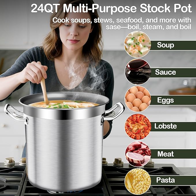 Stainless Steel Stock Pot-24QT Heavy Duty Induction Cooking Pot with Visible Lid, Commercial Grade Stock Pot & Stockpots for Boiling Cooking Soup Stew Canning Cooking Pots, Deep Cookware, Big Stockpot